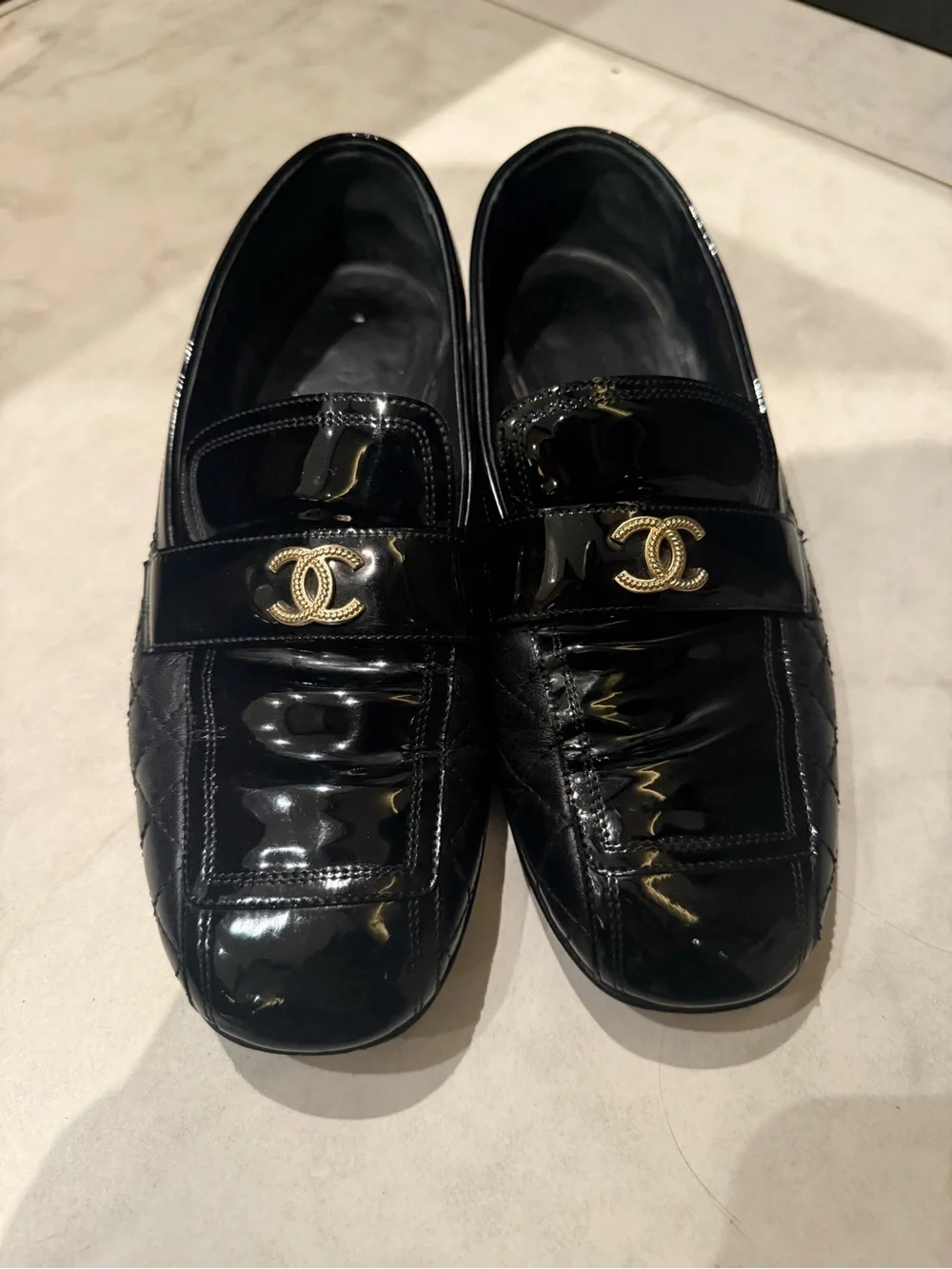 CHANEL Black Patent Leather Women's Loafers with Gold CC Emblem